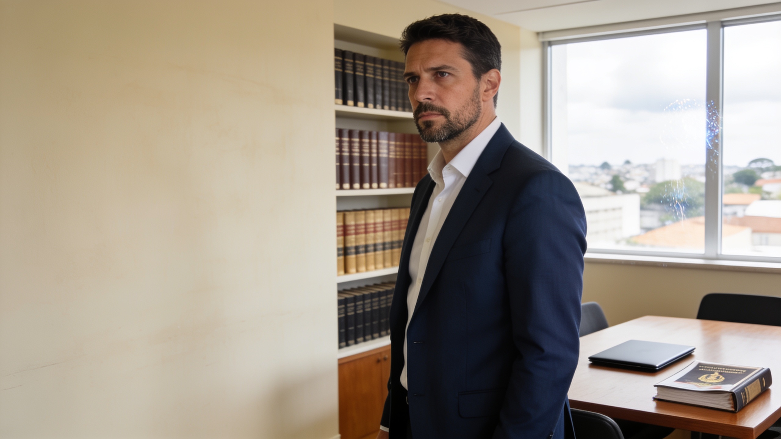 Eduardo Rampinelli no escritório do Batel, em Curitiba, diante da estante de obras de direito.